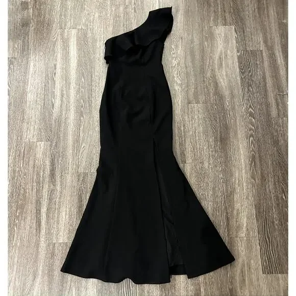 Likely Kane One Shoulder Ruffle Gown Black Formal Maxi Dress Size 2 Slit Elegant